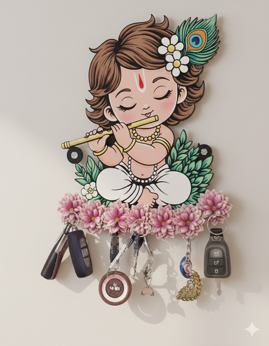 Cute Krishna Wooden Key Holder – Happilow™ Premium Wall Hook for Keys