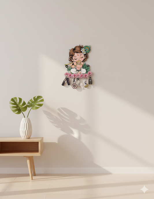 Cute Krishna Wooden Key Holder – Happilow™ Premium Wall Hook for Keys