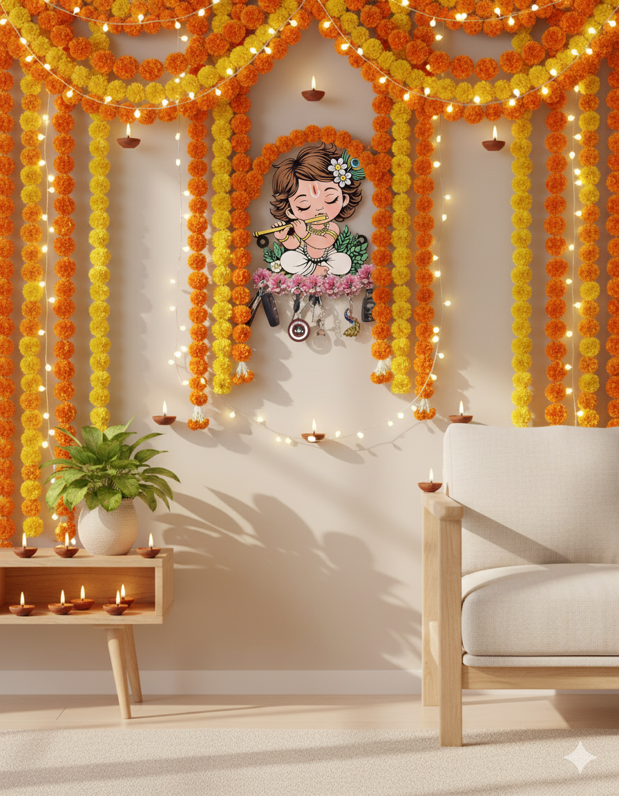 Cute Krishna Wooden Key Holder – Happilow™ Premium Wall Hook for Keys