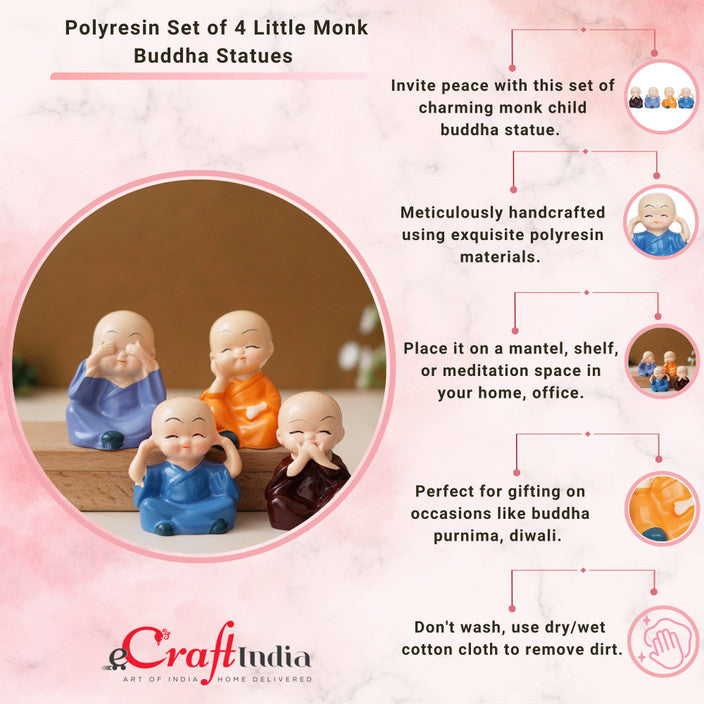 The Serene Monks - Set of 4 Mini Buddha Figurines | Peace & Positive Energy Decor
