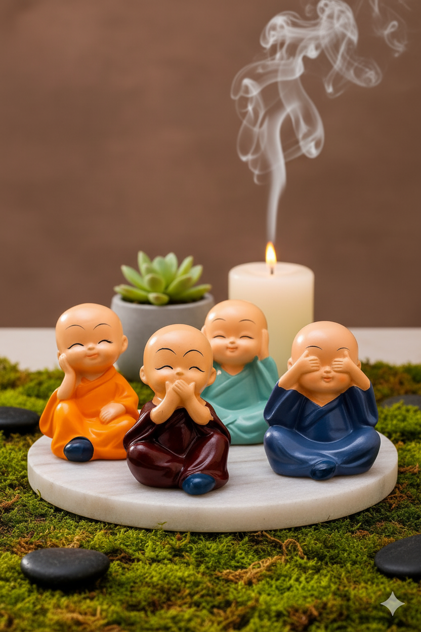 The Serene Monks - Set of 4 Mini Buddha Figurines | Peace & Positive Energy Decor